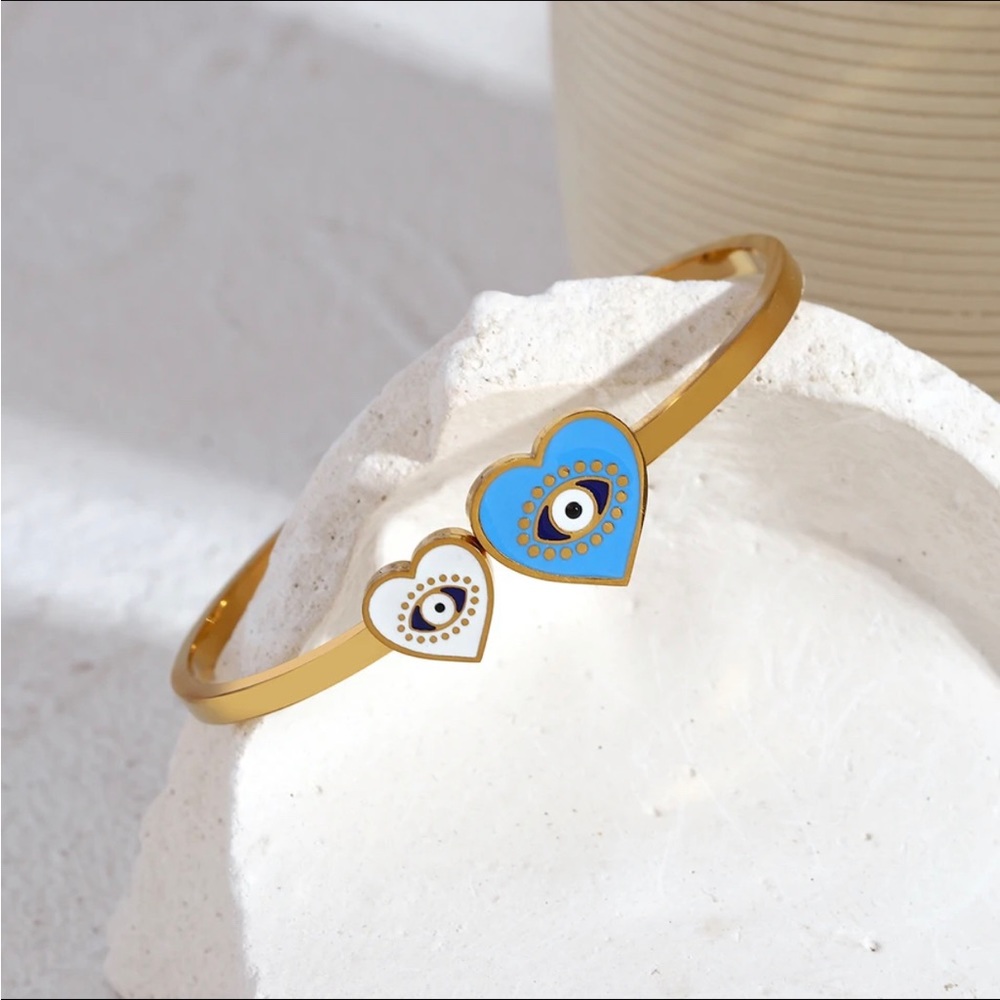 Bracelet | Greatera White Blue  Heart Evil Eye Stainless Steel for Women Gold